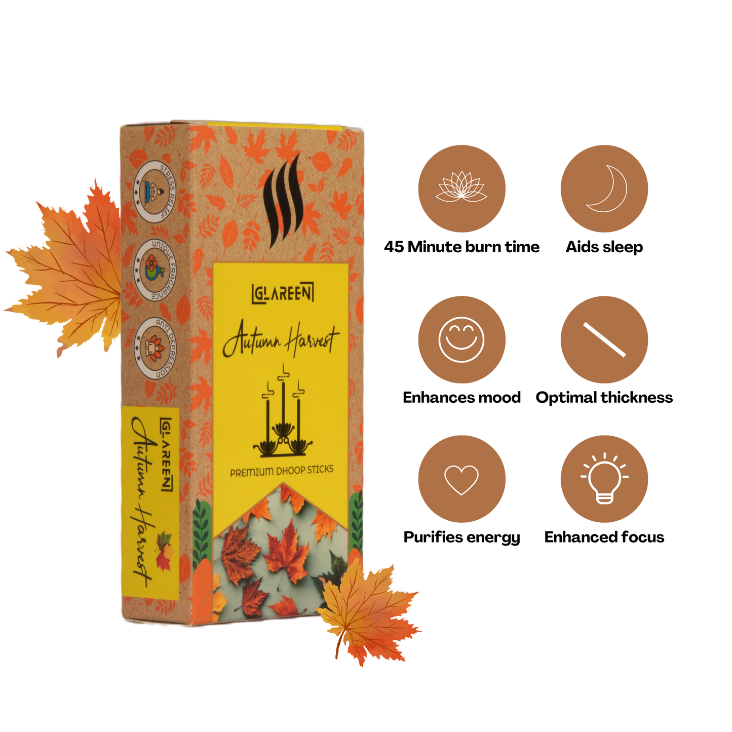 Packaging of Glareen Autumn Harvest bamboo-less incense sticks with visual icons indicating 45 minute burn time, aids sleep, enhances mood, purifies energy, and enhanced focus.