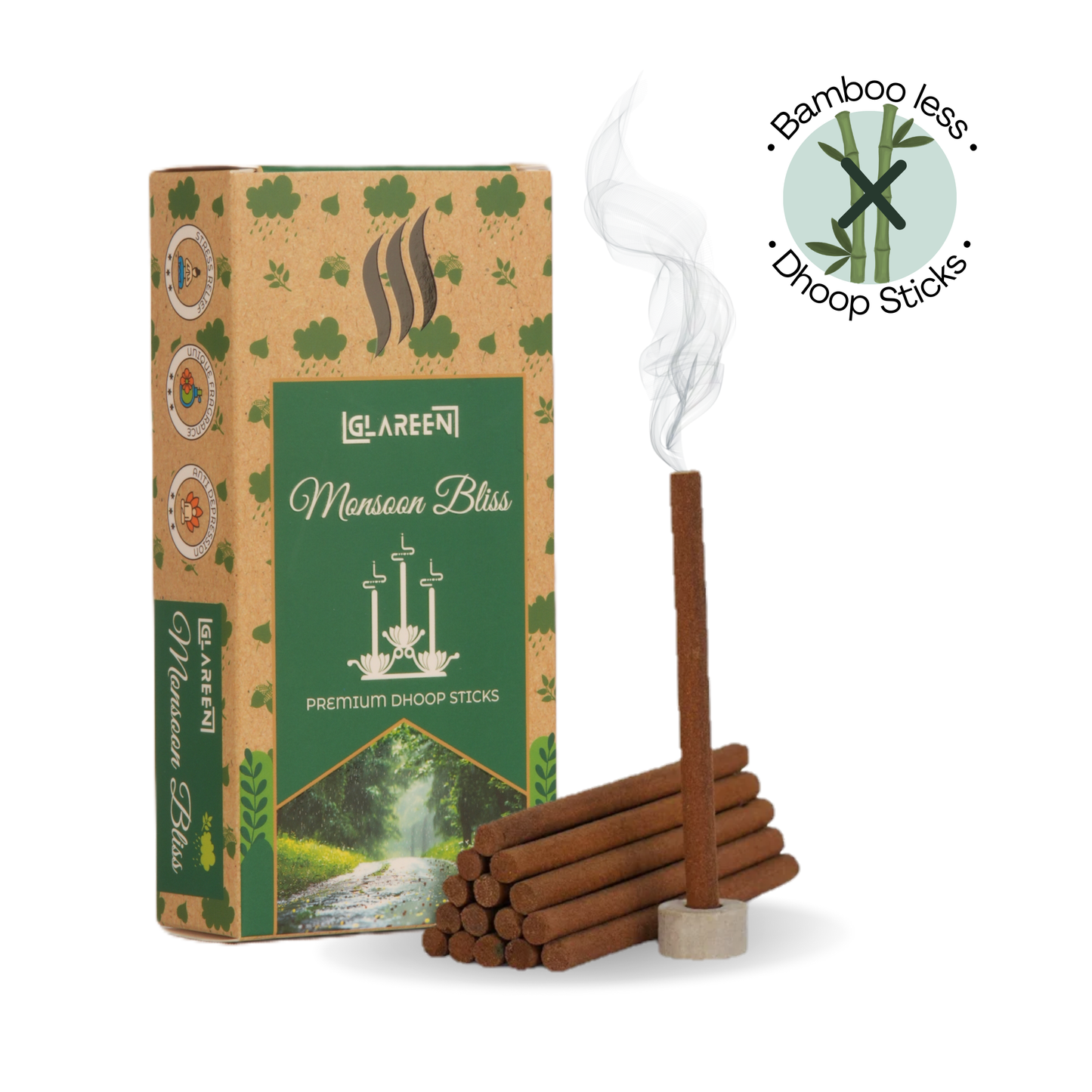 A box of Monsoon Bliss premium dhoop sticks with a depiction of bamboo and smoke, indicating the aroma and eco-friendly aspect of the product. The image also includes a dhoop stand and a single dhoop stick being used.