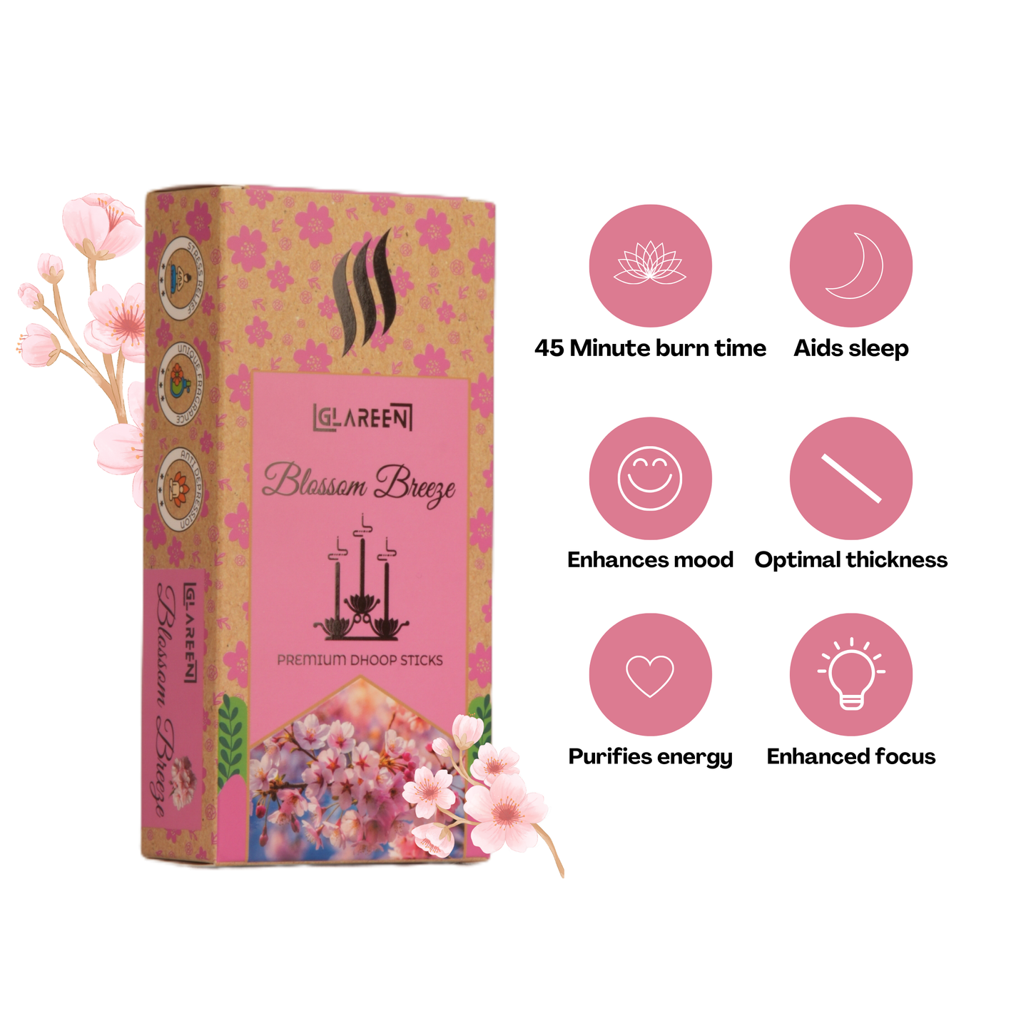 A box of Glareen Blossom Breeze Dhoop Sticks with floral designs, indicating features such as 45 minute burn time, aids sleep, enhances mood, optimal thickness, purifies energy, and enhanced focus.
