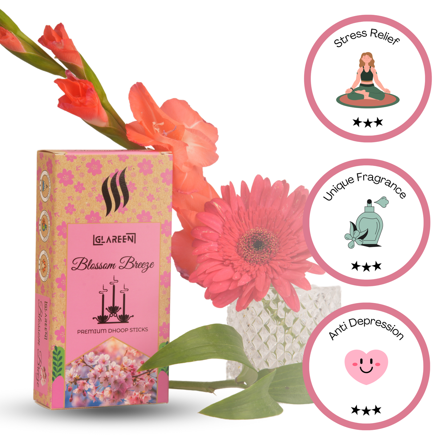 A box of 'Glareeen Blossom Dhoop Sticks' with a pink and yellow color scheme, featuring symbols indicating stress relief, unique fragrance, and anti-depression benefits.