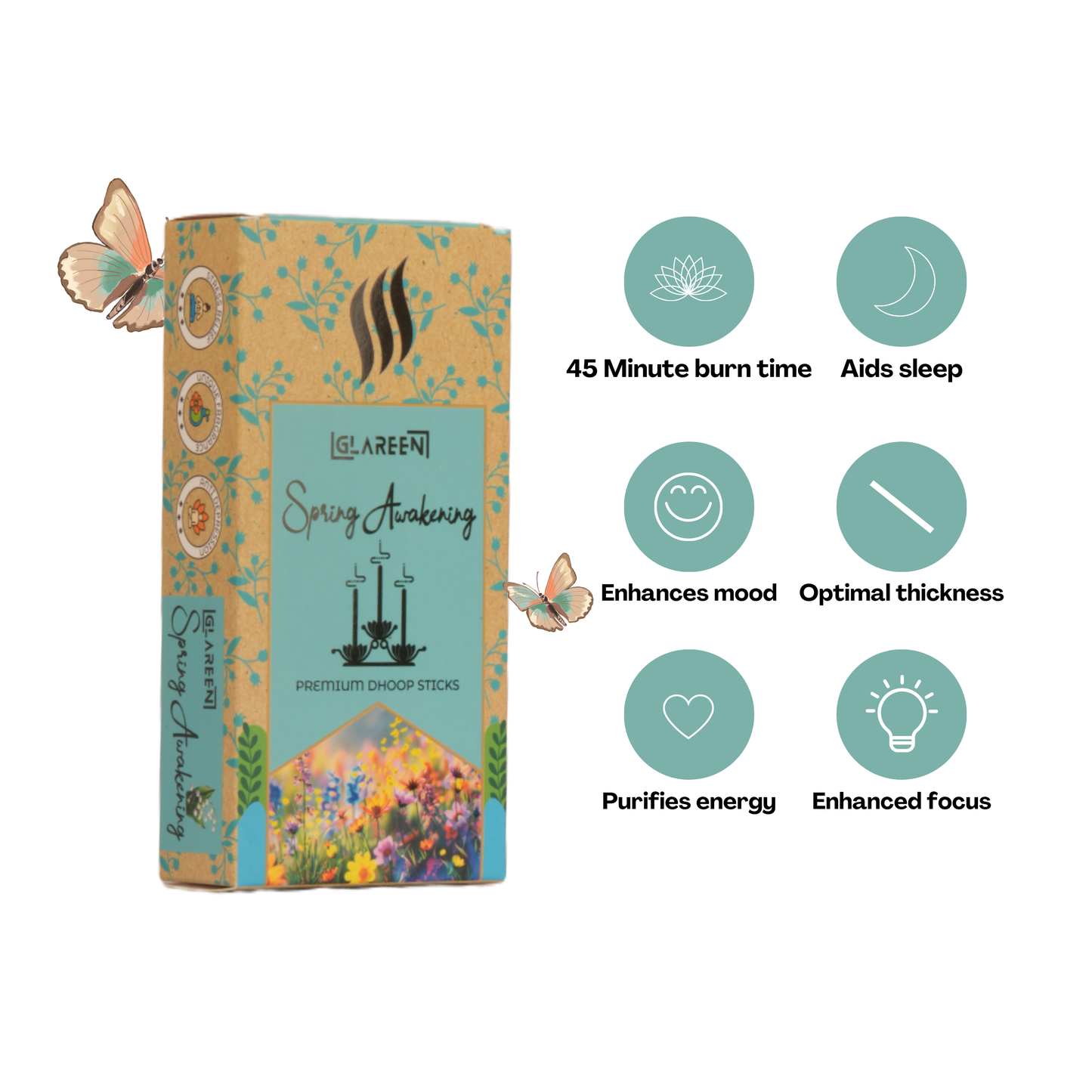 A box of Glareen bamboo-less morning dew dhoop sticks with floral design, indicating features such as 45 minute burn time, aids sleep, enhances mood, optimal thickness, purifies energy, and enhanced focus.