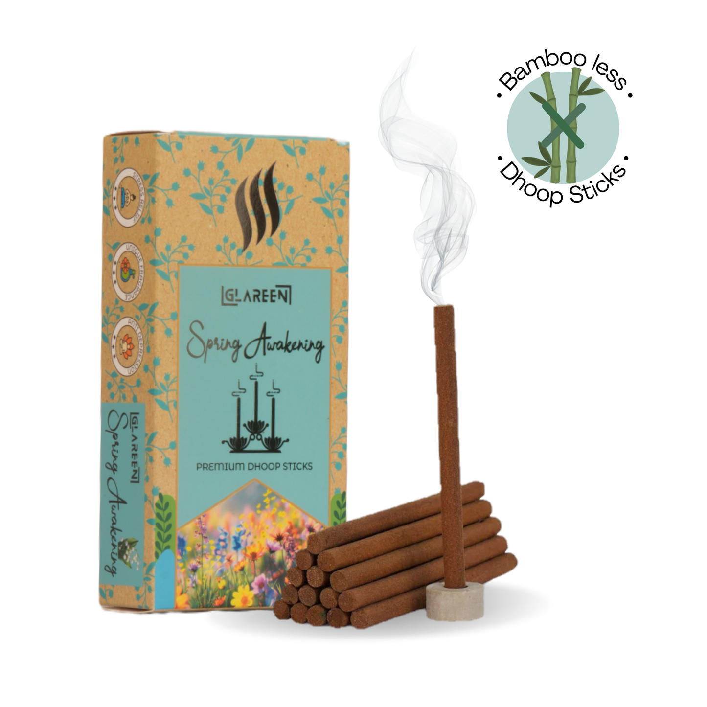 A box of Glareen bamboo-less morning dew dhoop sticks with a lit stick alongside, emitting smoke, indicating the product is an incense.