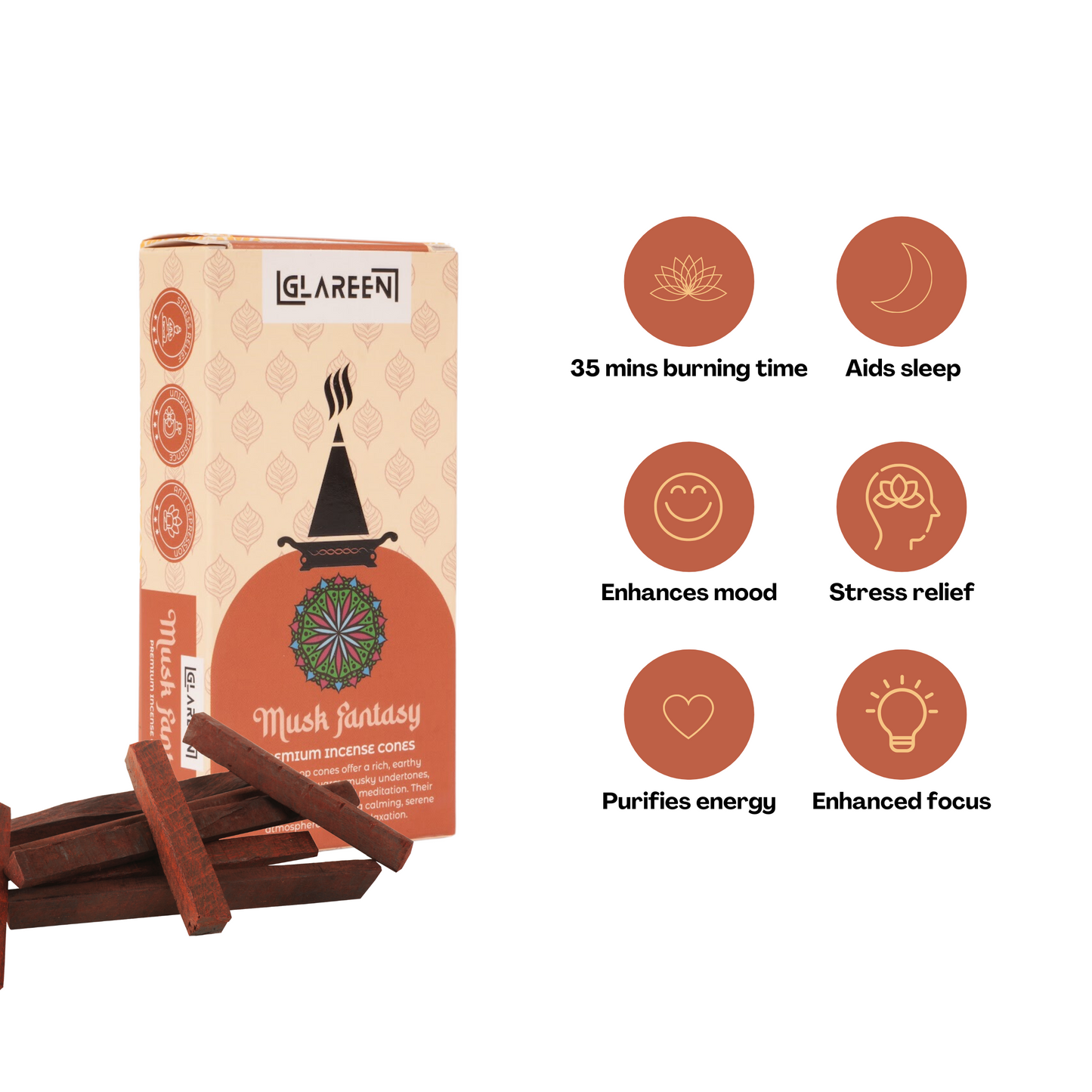 Packaging of 'Musk Fantasy Dhoop Cones' with incense cones displayed in front. The box lists benefits such as 35 minutes burning time, aids sleep, enhances mood, stress relief, purifies energy, and improved focus.