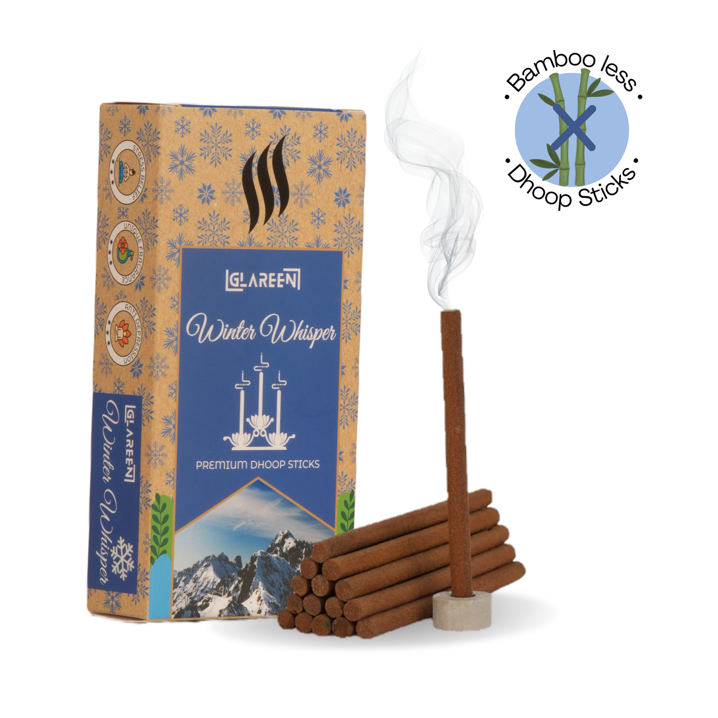 A box of Glareen Winter Whisper dhoop sticks with bamboo-less design, displayed alongside a lit incense stick on a stand, against a white background.