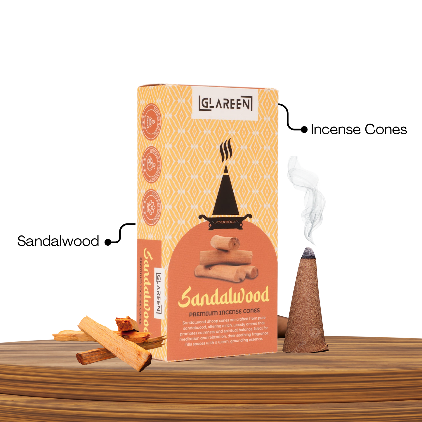A box of Sandalwood Dhoop Cones with a visual of the incense cones and sandalwood pieces. A lit incense cone is also shown emitting smoke, indicating its use as a fragrance and meditation aid.