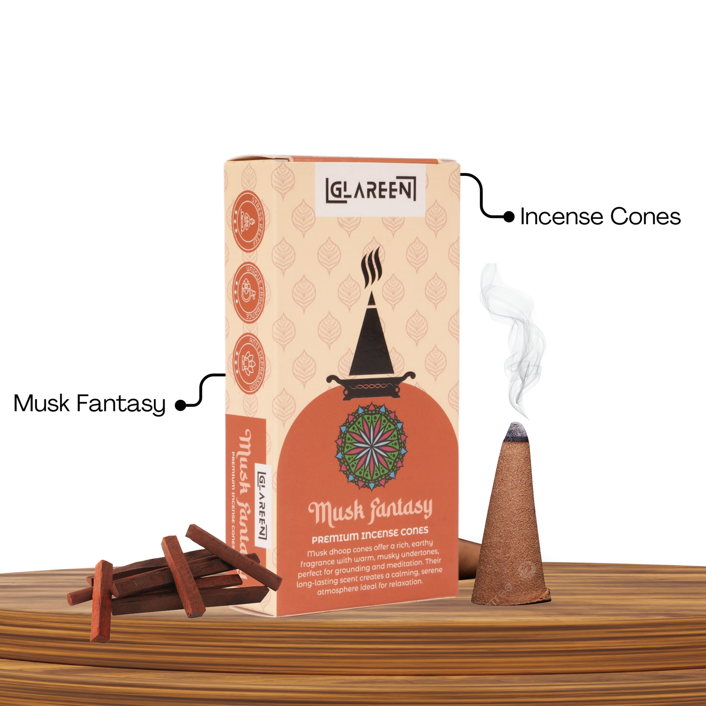 A box of Musk Fantasy incense cones with a smoking cone on the side, indicating the product is used for creating a fragrant atmosphere.