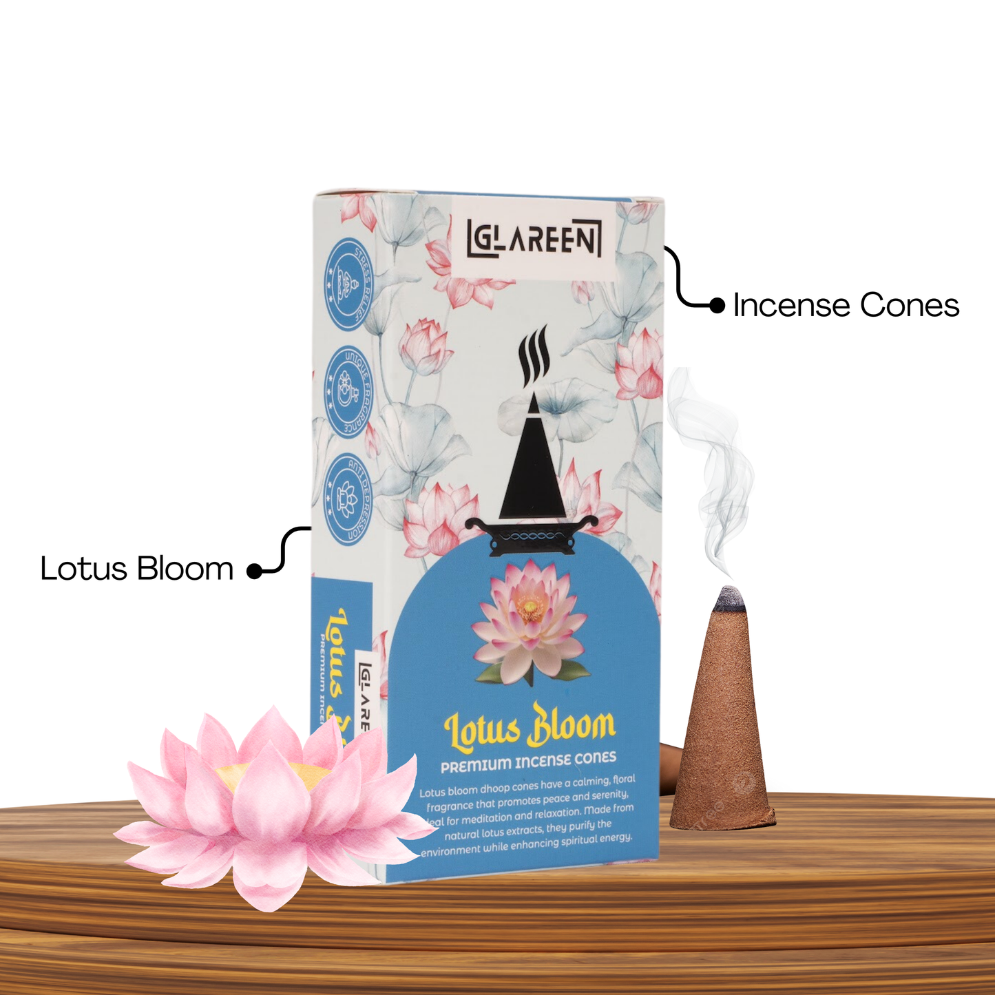 A box of Lotus Bloom incense cones with a floral design, alongside a steaming incense cone and a lotus flower on a wooden surface.