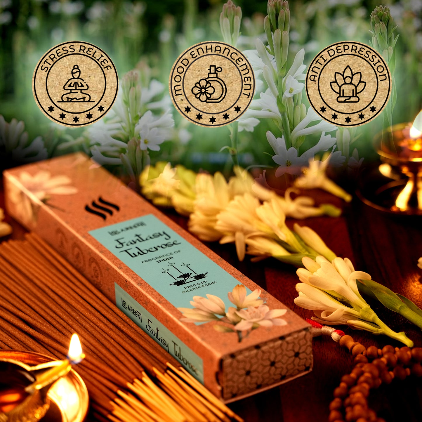 closeup of fantasy tuberose rajnigandha floral incense stick