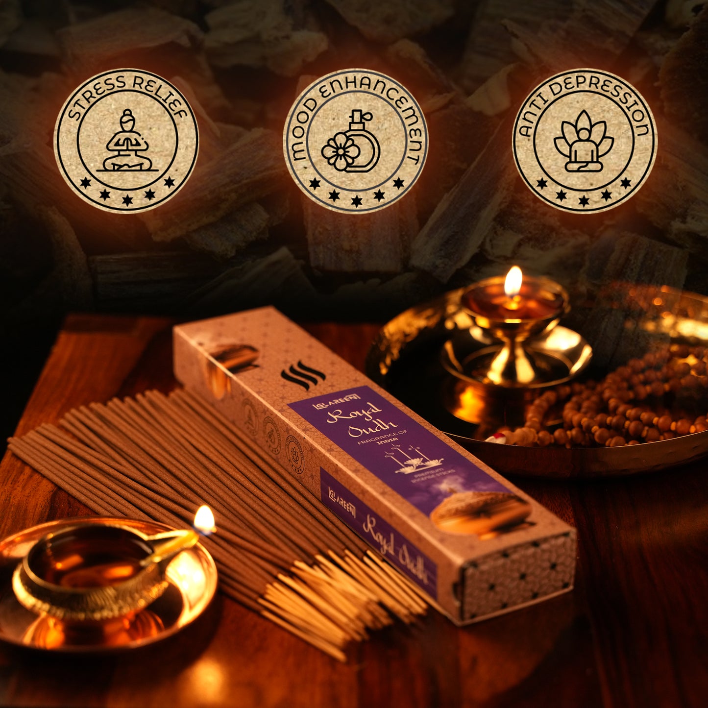 burning royal oudh incense stick releasing sacred aroma