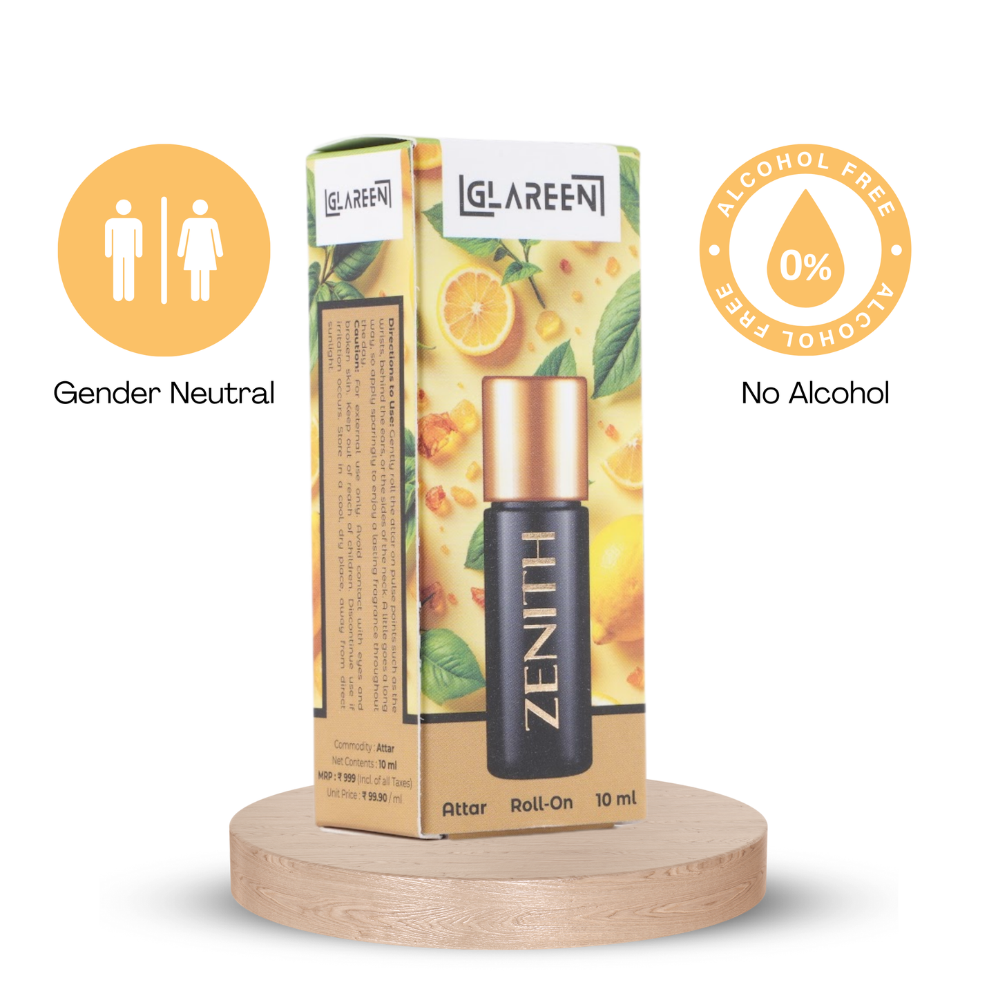 A 10ml roll-on bottle of Zenith Attar, a handcrafted unisex luxury fragrance with citrus and lemon notes, alcohol-free, sits beside its box adorned with fruit graphics on a round wooden platform.