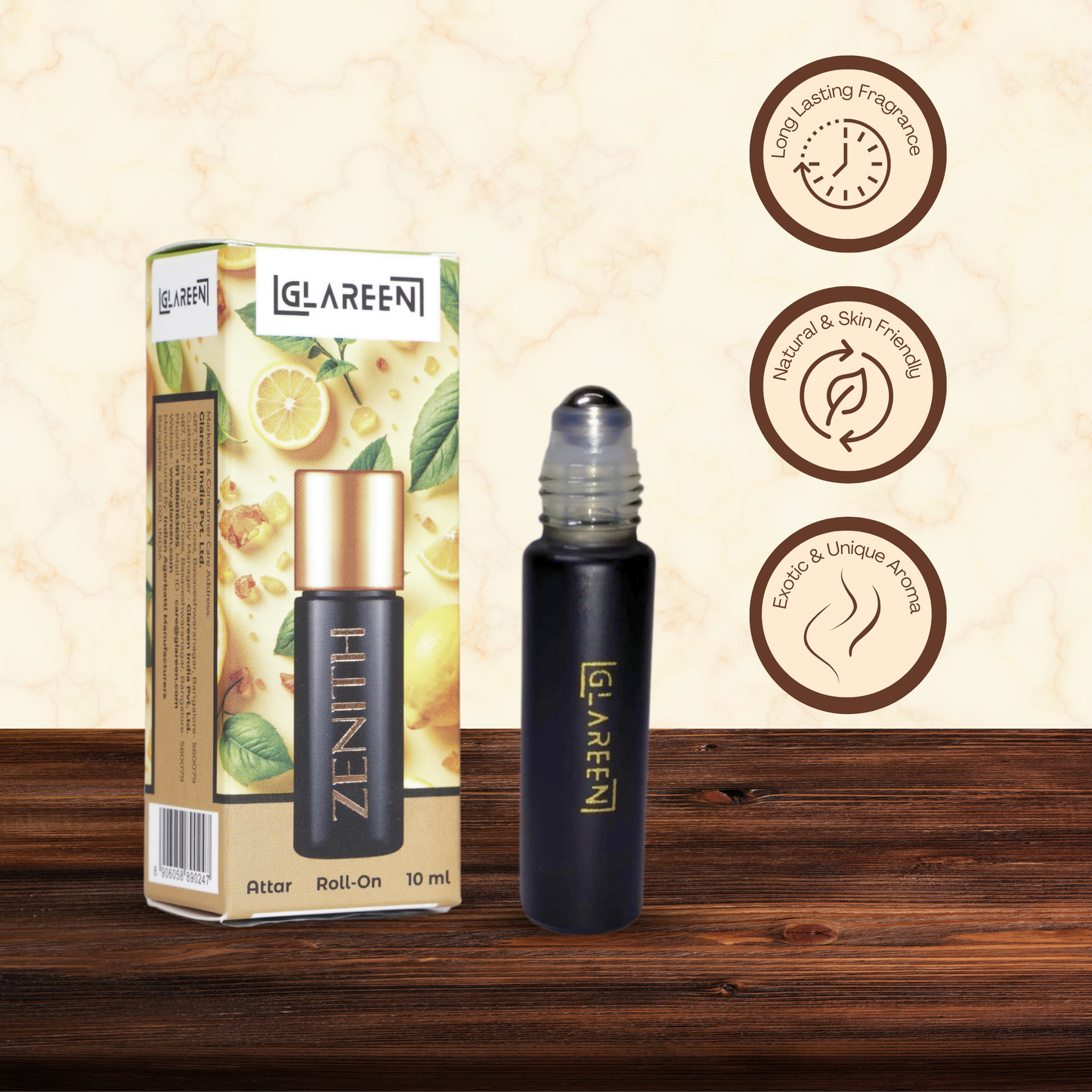 A 10ml Zenith Attar roll-on stands beside its box decorated with lemon and citrus images. Three icons to the right emphasize its handcrafted quality, long-lasting scent, and skin-friendliness.