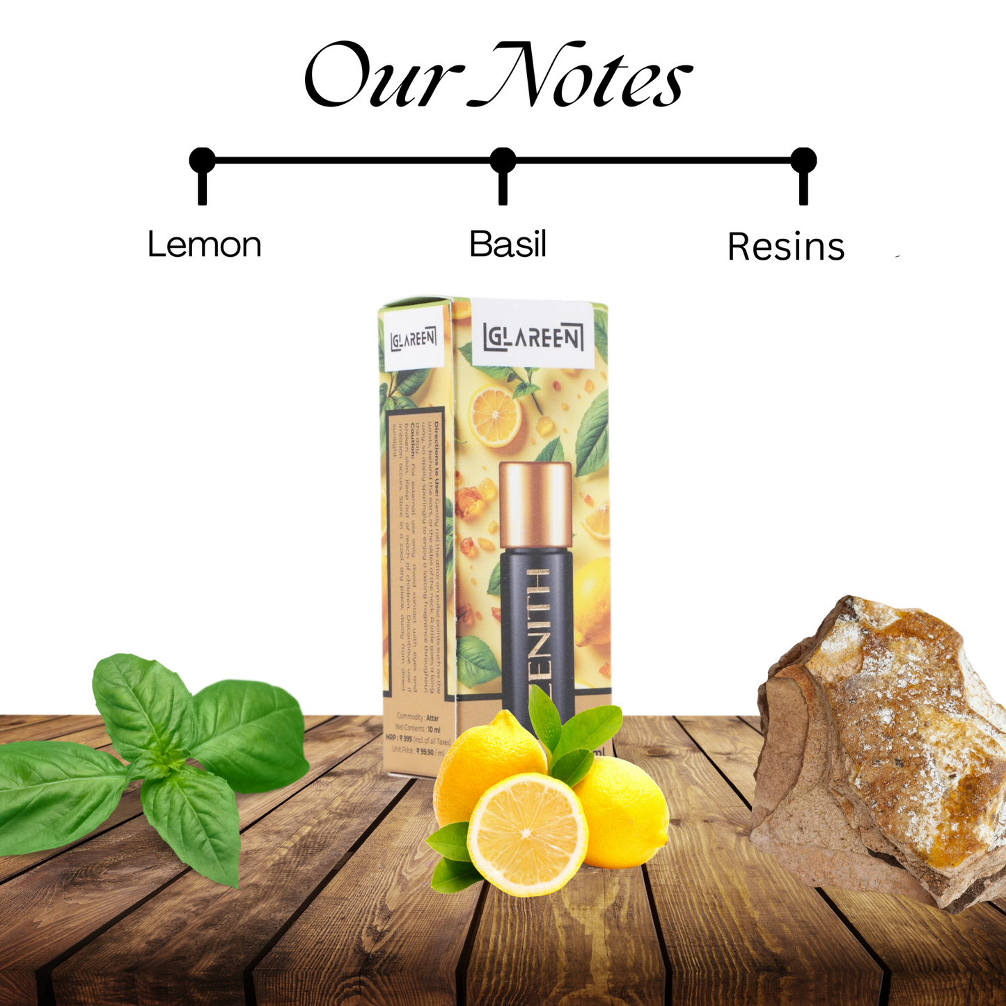 A bottle and box of Zenith Attar with a citrus design sit on wood, accompanied by basil, sliced lemon, and resin. Above reads: Our Notes—Lemon, Basil, Resins. Unisex Luxury Attar.