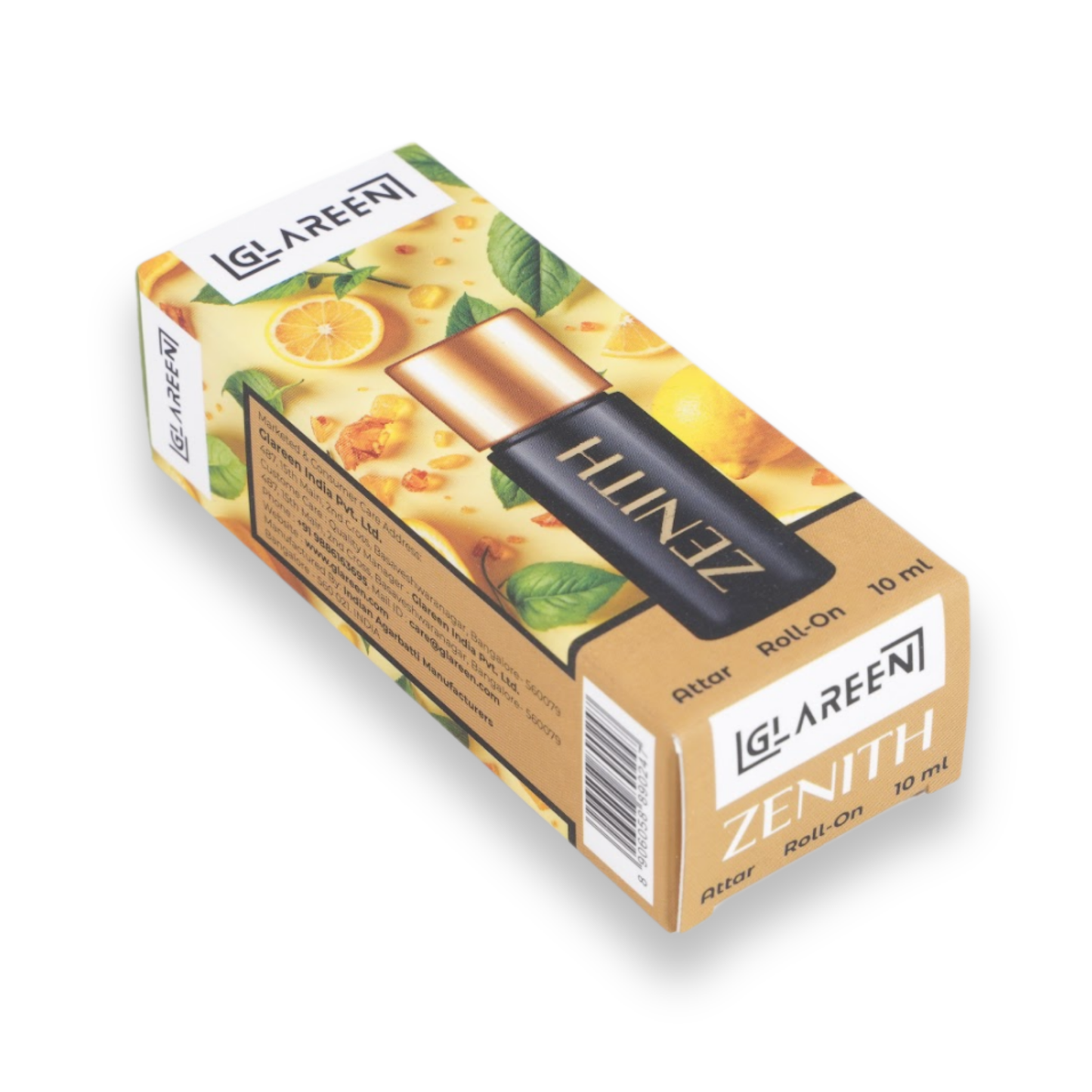 A rectangular box of Zenith Attar, 10 ml, featuring a black and gold bottle on the packaging with vibrant images of lemon, orange slices, and green leaves.
