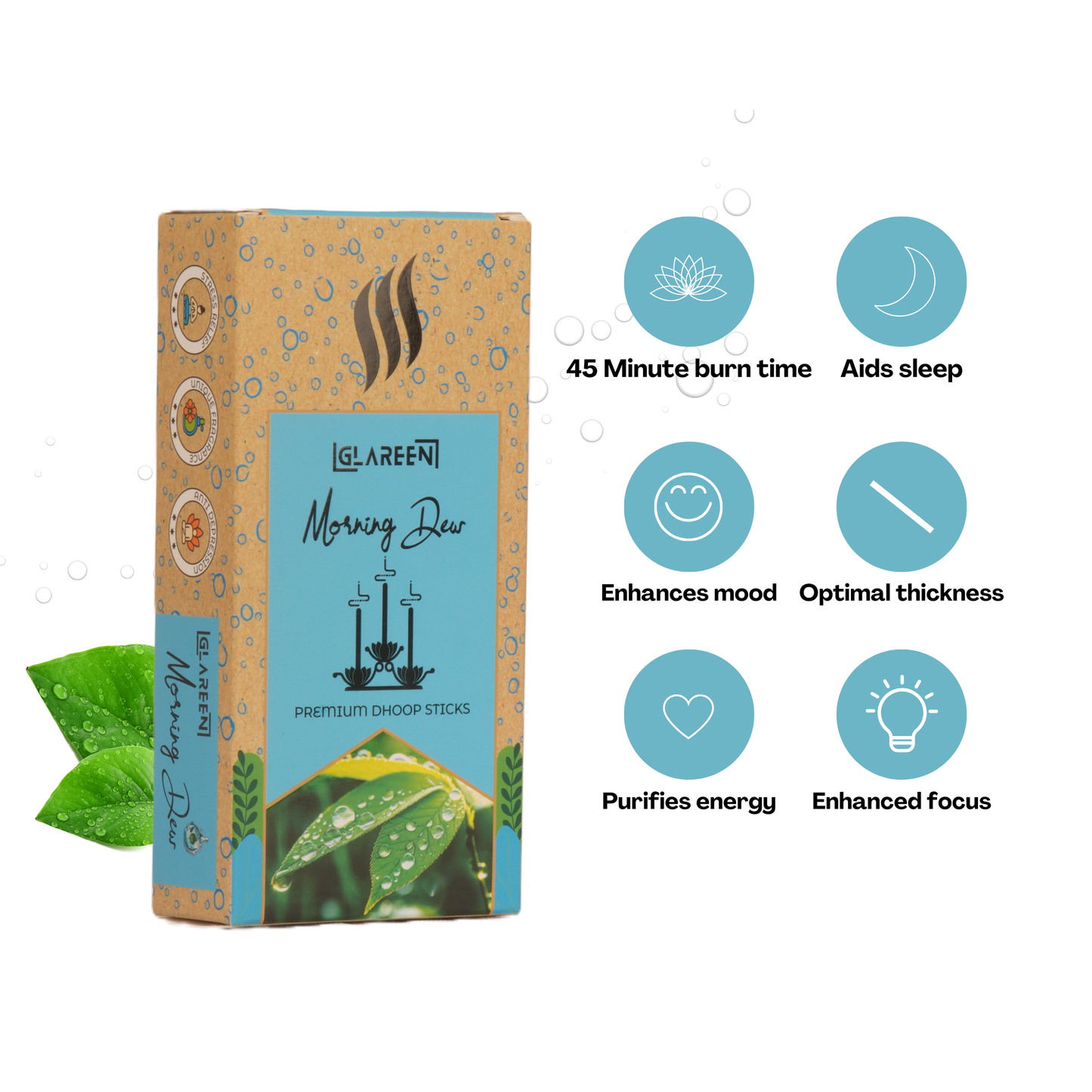 A box of Morning Dew dhoop sticks with graphic icons indicating the product features such as 45 minute burn time, aids sleep, enhances mood, optimal thickness, purifies energy, and enhanced focus.