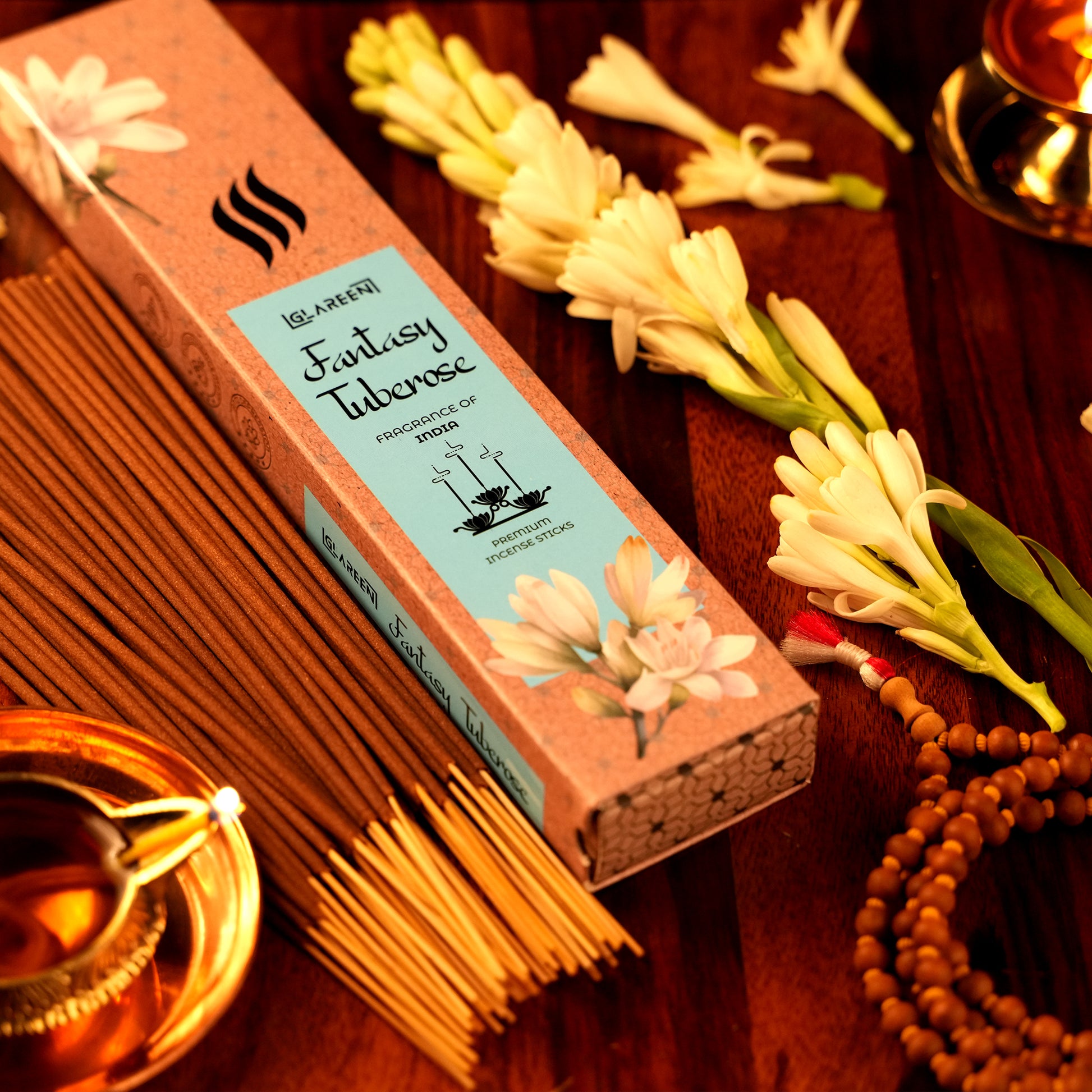 closeup of tuberose agarbatti stick displaying floral texture